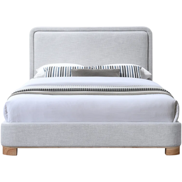 Luxurious Linen Textured Fabric King Size Upholstered Panel Bed with Solid Wood Base