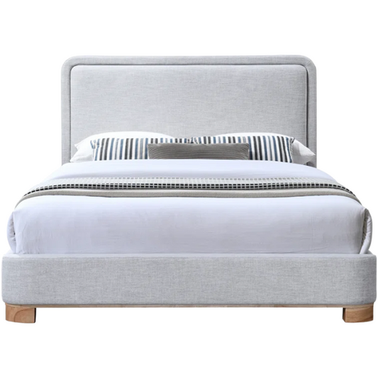 Luxurious Linen Textured Fabric King Size Upholstered Panel Bed with Solid Wood Base