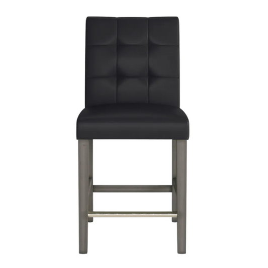Upholstered 25" Counter Height Bar Stool – Modern Farmhouse Design with Tufted Back, Foam Padded Seat, Washed Grey Solid Wood Legs, and Durable Steel Footrest