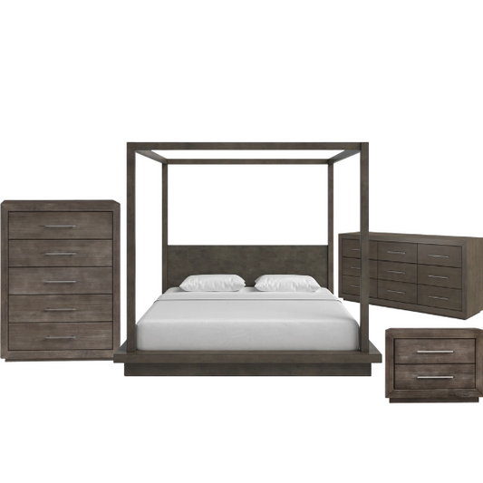 Rustic Solid Wood Platform 4-Piece Bedroom Set - Cozy Mountain Cabin-Inspired Design with Canopy Bed, 9-Drawer Dresser, Nightstand, and Optional 5-Drawer Chest – Natural Pine Wood Finish with Exquisite Grain Detail