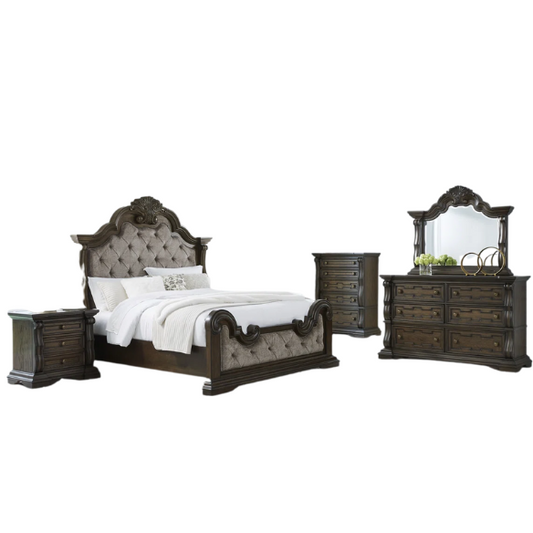 4-Piece Queen Upholstered Bedroom Set in Brown with Tufted Headboard, Dresser, Chest & Nightstand