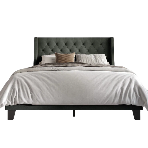 Elegant King Size Upholstered Wingback Bed with Button-Tufted Headboard – Foam-Padded for Ultimate Comfort and Support