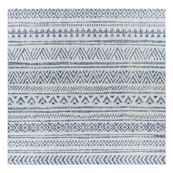 Striped Geometric Area Rug – Blue & Cream White, Durable Polypropylene, Low-Pile Design for High-Traffic Indoor/Outdoor Spaces