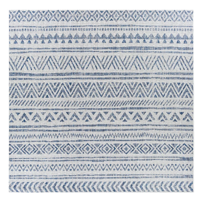 Striped Geometric Area Rug – Blue & Cream White, Durable Polypropylene, Low-Pile Design for High-Traffic Indoor/Outdoor Spaces