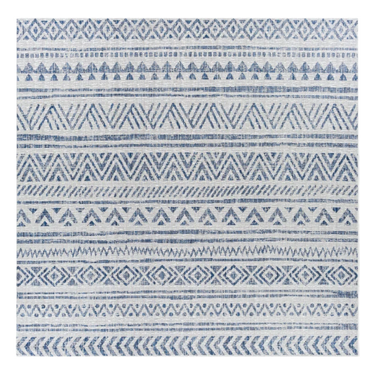 Striped Geometric Area Rug – Blue & Cream White, Durable Polypropylene, Low-Pile Design for High-Traffic Indoor/Outdoor Spaces