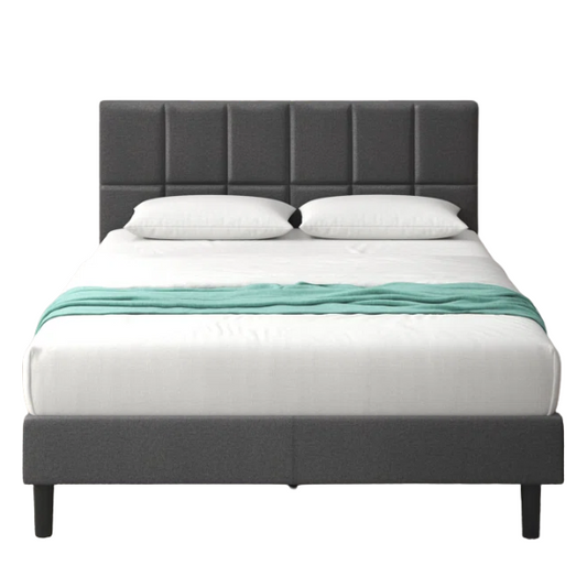Modern King Size Upholstered Low Profile Platform Bed – Square-Tufted Headboard, Durable Steel Frame