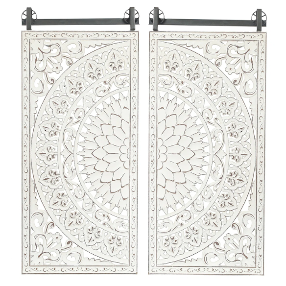 Boho Floral Wall Décor Set (Set of 2) – Hand-Carved Flower Medallion Panels with Modern Farmhouse Iron Bar Accent