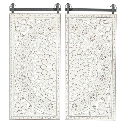 Boho Floral Wall Décor Set (Set of 2) – Hand-Carved Flower Medallion Panels with Modern Farmhouse Iron Bar Accent
