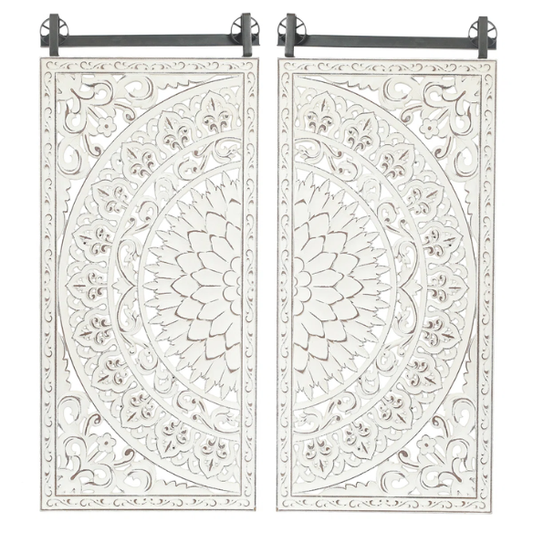 Boho Floral Wall Décor Set (Set of 2) – Hand-Carved Flower Medallion Panels with Modern Farmhouse Iron Bar Accent