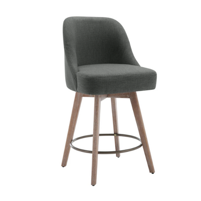 Modern Counter Height Swivel Bar Stool – Upholstered Faux Leather/Polyester Blend Seat, Solid Beech Wood Frame, Ergonomic High Back, Bronze Metal Footrest, 300lb Capacity for Kitchen, Bar, or Pub