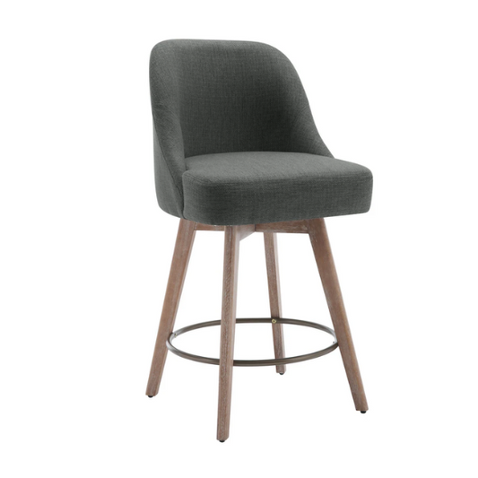 Modern Counter Height Swivel Bar Stool – Upholstered Faux Leather/Polyester Blend Seat, Solid Beech Wood Frame, Ergonomic High Back, Bronze Metal Footrest, 300lb Capacity for Kitchen, Bar, or Pub