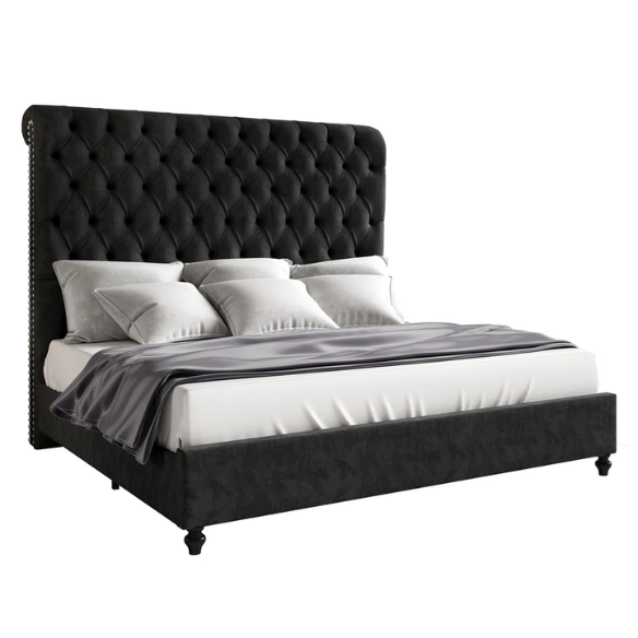 Luxurious Velvet Upholstered Sleigh Bed with Tufted Button and Gem-Accented Headboard