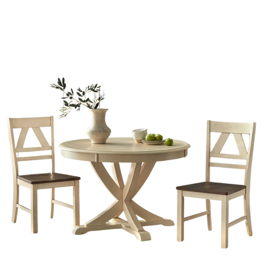 Charming Country-Style Dining Set with Rustic Appeal – Round Table & Geometric Back Chairs