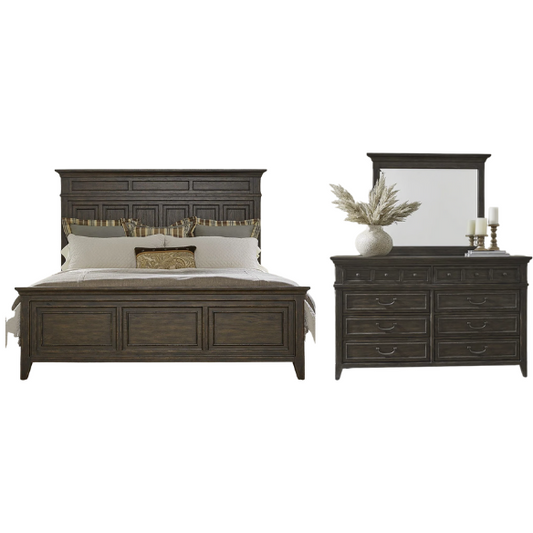 Rustic Elegance 3-Piece King Panel Bed, Dresser & Mirror Set in Saddle Brown – Crafted with Rubberwood and Split Heart White Oak Veneers, Soft-Close Drawers, Cedar Lining, Antique Pewter Hardware, and Crown Molding Details