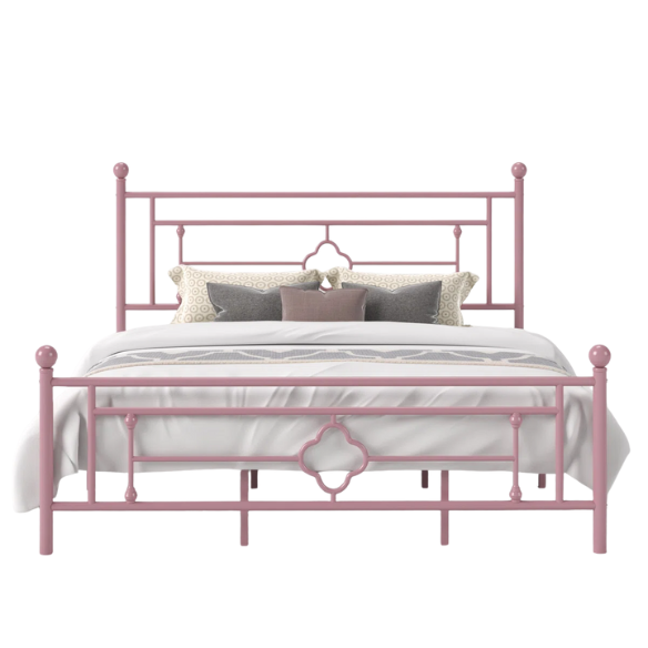 Elegant Metal Open-Frame Platform Bed with Quatrefoil Design and Classic Finial Posts – Timeless French Country Style with Under-Bed Storage