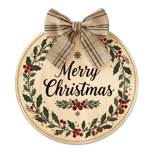 Rustic Round Wooden Christmas Sign with Holly Wreath and Plaid Bow