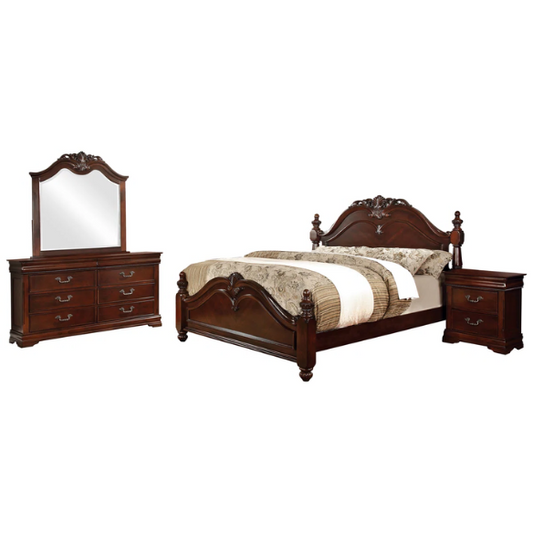 Traditional Elegance 4-Piece Queen Bedroom Set in Cherry Brown with Carved Accents, Camelback Bed, Nightstand, Dresser, and Mirror