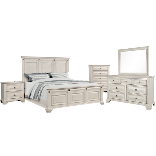 5-Piece King Bedroom Set – Solid Wood Construction with Muted Silver Accents, Fluted Pilasters, French Bracket Foot Bases, and Elegant Dovetail Drawer Detailing for Timeless Sophistication