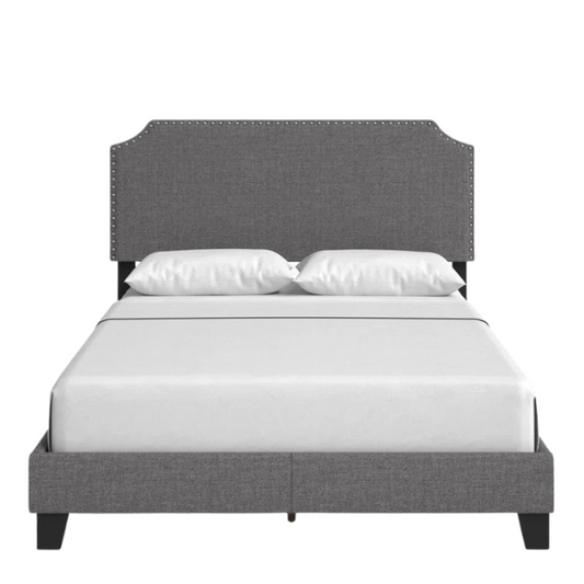 King Size Upholstered Standard Bed with Scooped Corner Headboard, Nailhead Trim, and Tapered Support Feet – Neutral Gray Polyester Fabric