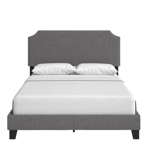 King Size Upholstered Standard Bed with Scooped Corner Headboard, Nailhead Trim, and Tapered Support Feet – Neutral Gray Polyester Fabric