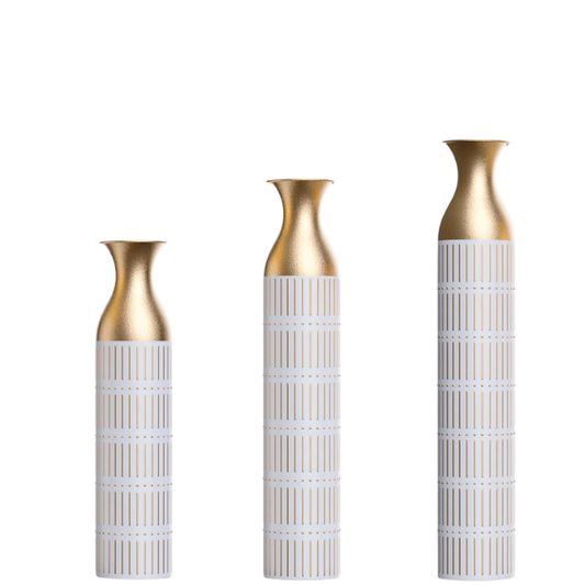 Elegant White and Gold Floor Vase Set (3-Piece) – Large Metal Vases with Embossed Stripe Pattern and Antique White Finish, Timeless Décor for Any Space