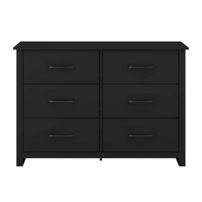 Modern 6-Drawer Double Dresser with Flared Feet and Sleek Black Metal Handles