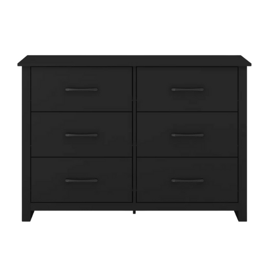 Modern 6-Drawer Double Dresser with Flared Feet and Sleek Black Metal Handles