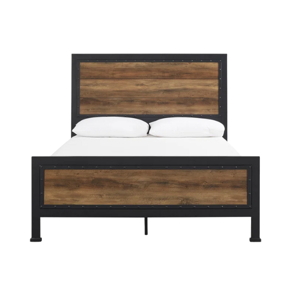Rustic Industrial Queen Size Bed with Wood-Look Center – Sturdy and Stylish Design