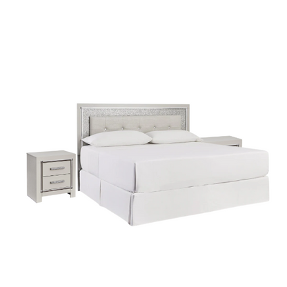 Opulent Silver Upholstered Panel King Bed Set with Metallic Gator Finish and Faceted Chrome-Tone Nightstands