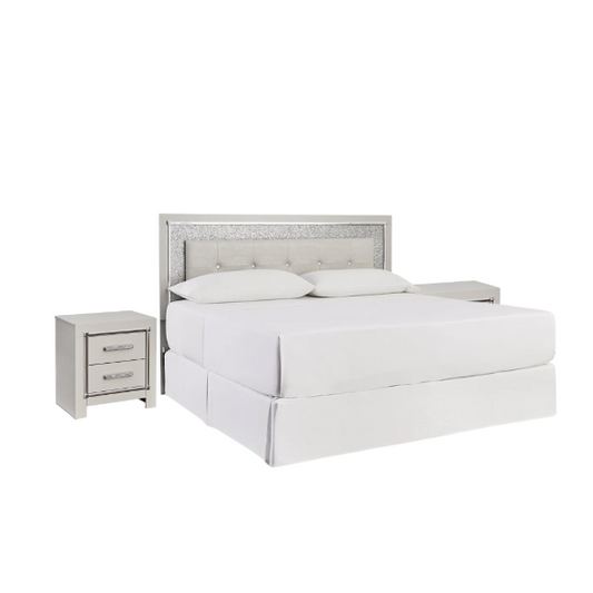 Opulent Silver Upholstered Panel King Bed Set with Metallic Gator Finish and Faceted Chrome-Tone Nightstands