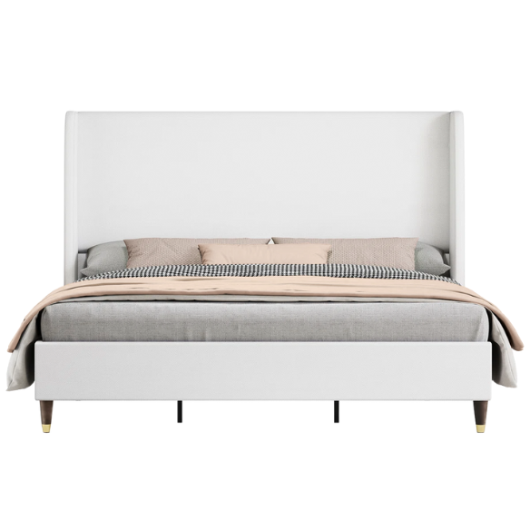 King Size Upholstered Platform Bed with Wingback Design, Foam-Padded Linen Headboard, and Steel Reinforced Frame