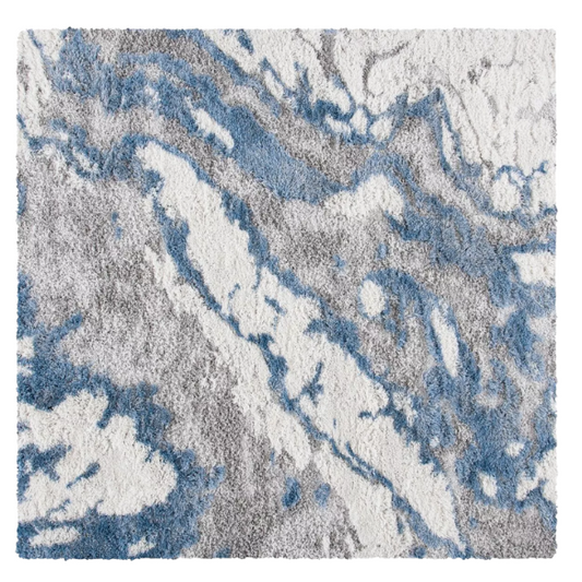 Plush Abstract Blue, Grey, and White Pattern Shag Rug