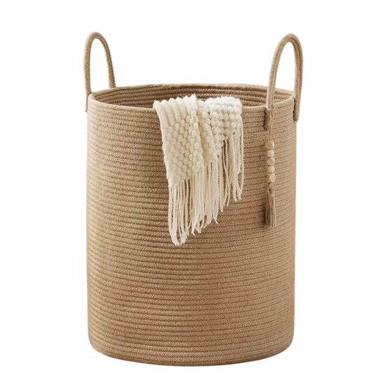 Large Tall Woven Storage Basket – Decorative Laundry Hamper with Handles, Foldable Cotton Rope Design for Clothes, Kids' Toys, and Living Room