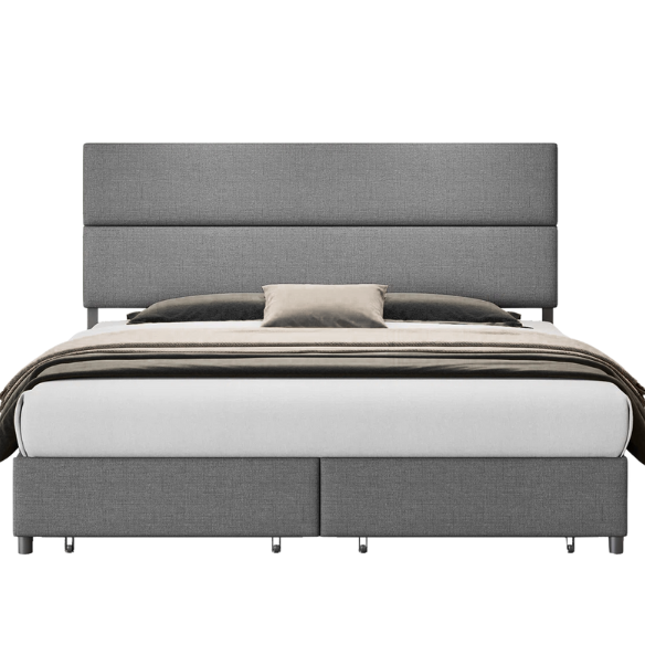 Linen Upholstered Bed Frame – Full/Double Size with Height Adjustable Headboard & 2 Built-In Storage Drawers