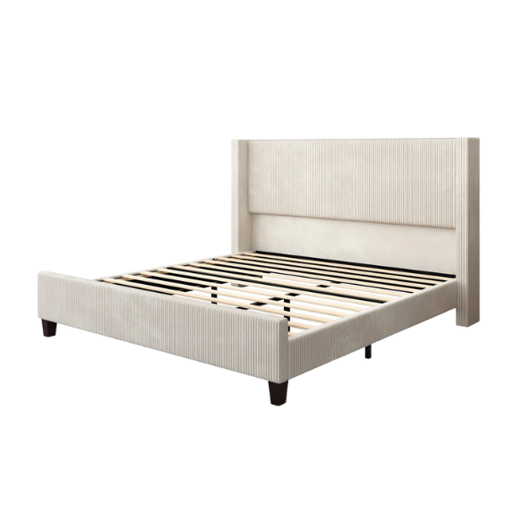 Queen Size Upholstered Bed with Soft Corduroy Fabric and Solid Wood Legs – Stylish and Comfortable Design