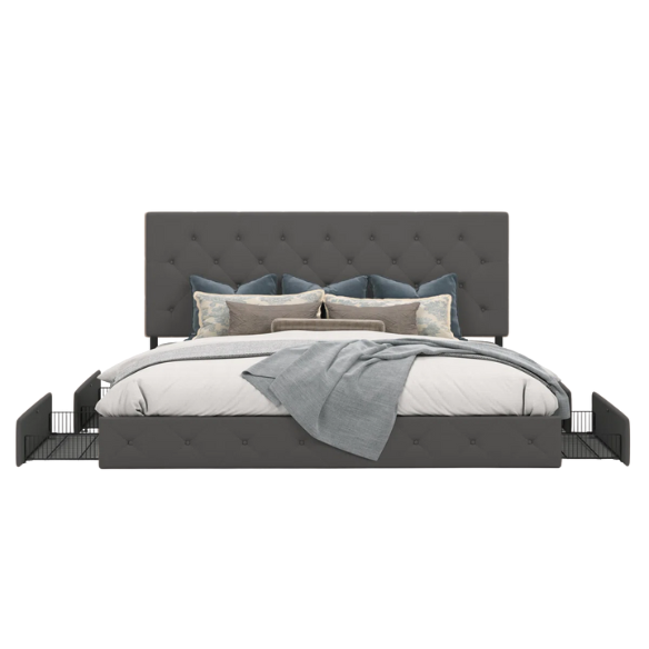 Queen Size Upholstered Platform Storage Bed with Tufted Button Accent Design