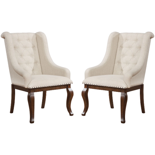 Beige Button Tufted Upholstered Arm Chairs with Dark Brown Wooden Legs (Set of 2) – Elegant Accent Dining or Lounge Seating