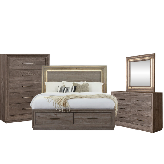 Modern Greystone 4-Piece King Storage Bed, Dresser, Mirror & Nightstand Set with LED Lighting, Built-In Charging Station, and Brushed Nickel Hardware – Floating Panel Headboard and Plinth Base