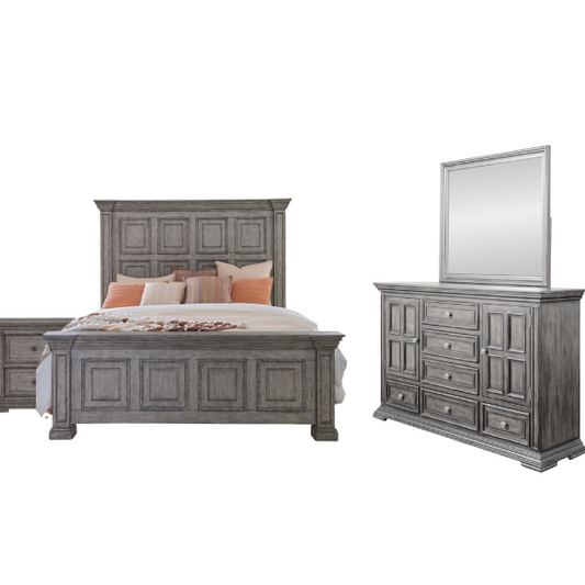 4-Piece Panel Bed, Dresser, Mirror & Nightstand Set with Antique Pewter Accents and Charging Station – Distressed Whitestone Finish, Rubberwood Solids, and Architectural Det