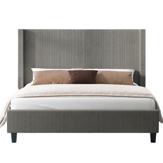 Modern King Size Corduroy Upholstered Bed with Wingback Design – Solid Wood and Metal Frame, Foam-Padded for Extra Comfort, No Box Spring Needed, and Tapered Legs for a Contemporary Look