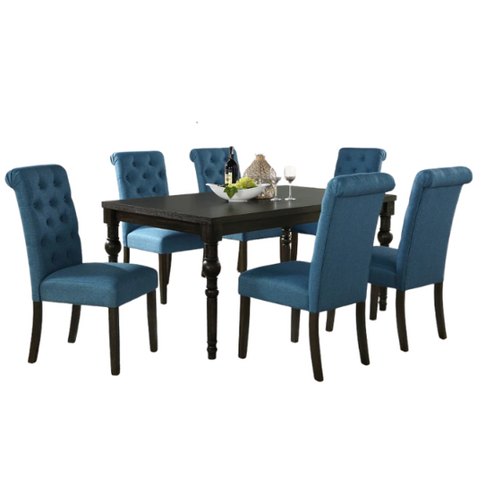 7-Piece Dark-Wash Wood Dining Set with Turned Legs – Classic Traditional Style with Distressed Finish