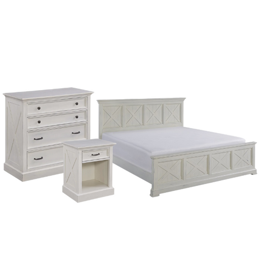 Farmhouse-Style 3-Piece X-Detail King Bed, Nightstand, and Chest Set with Weathered White Coating