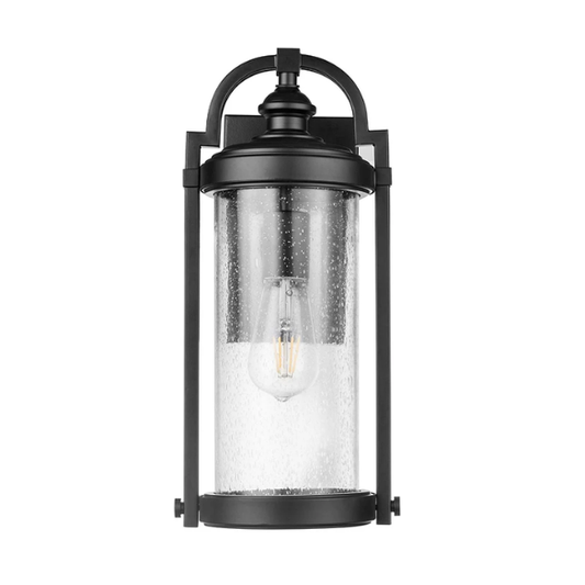 Outdoor Wall Sconce – Light Matte Black Farmhouse Lantern with Seeded Glass for Front Porch or Patio