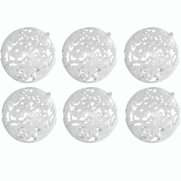 Off-White Glitter Snowflake Christmas Ball Ornaments – Set of 6 Decorative Holiday Baubles