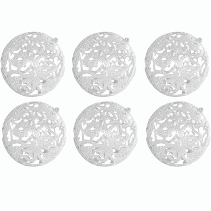 Off-White Glitter Snowflake Christmas Ball Ornaments – Set of 6 Decorative Holiday Baubles