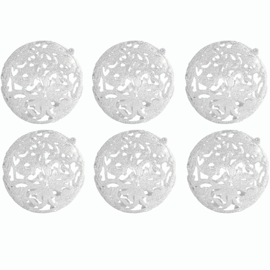 Off-White Glitter Snowflake Christmas Ball Ornaments – Set of 6 Decorative Holiday Baubles