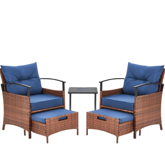 Patio Furniture Set | Outdoor Rattan Chairs with Tempered Glass Coffee Table, Ottomans, and Soft Cushions | Stylish Wicker Conversation Set