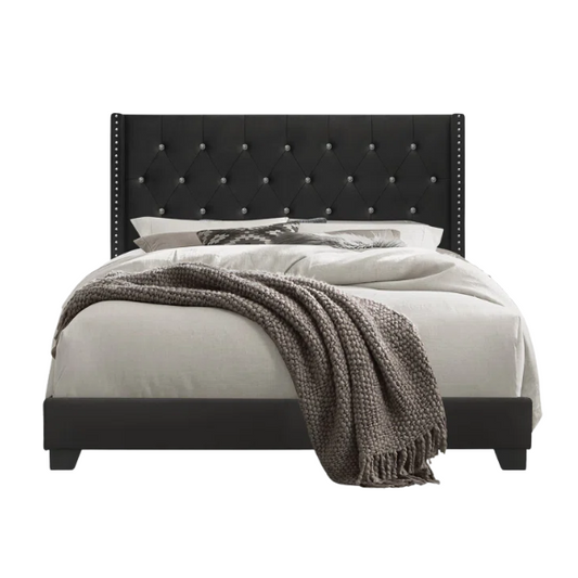 King Size Upholstered Low-Profile Bed with Wingback Headboard, Button Tufting, and Nailhead Trim – Glamorous, Traditional Design with Flared Legs