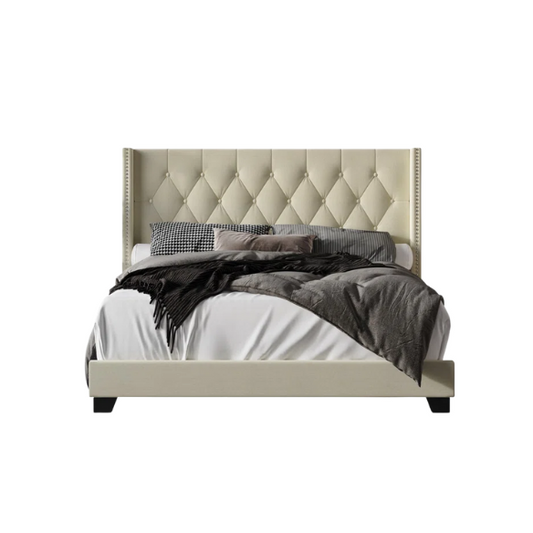 Queen Size Upholstered Low Profile Bed with Glamorous Button Tufted Foundation – Elegant and Timeless Design