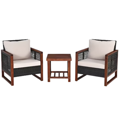 3-Piece Patio Wicker Furniture Set | Rattan Outdoor Sofa with Washable Cushions and Acacia Wood Coffee Table | Perfect for Garden and Backyard